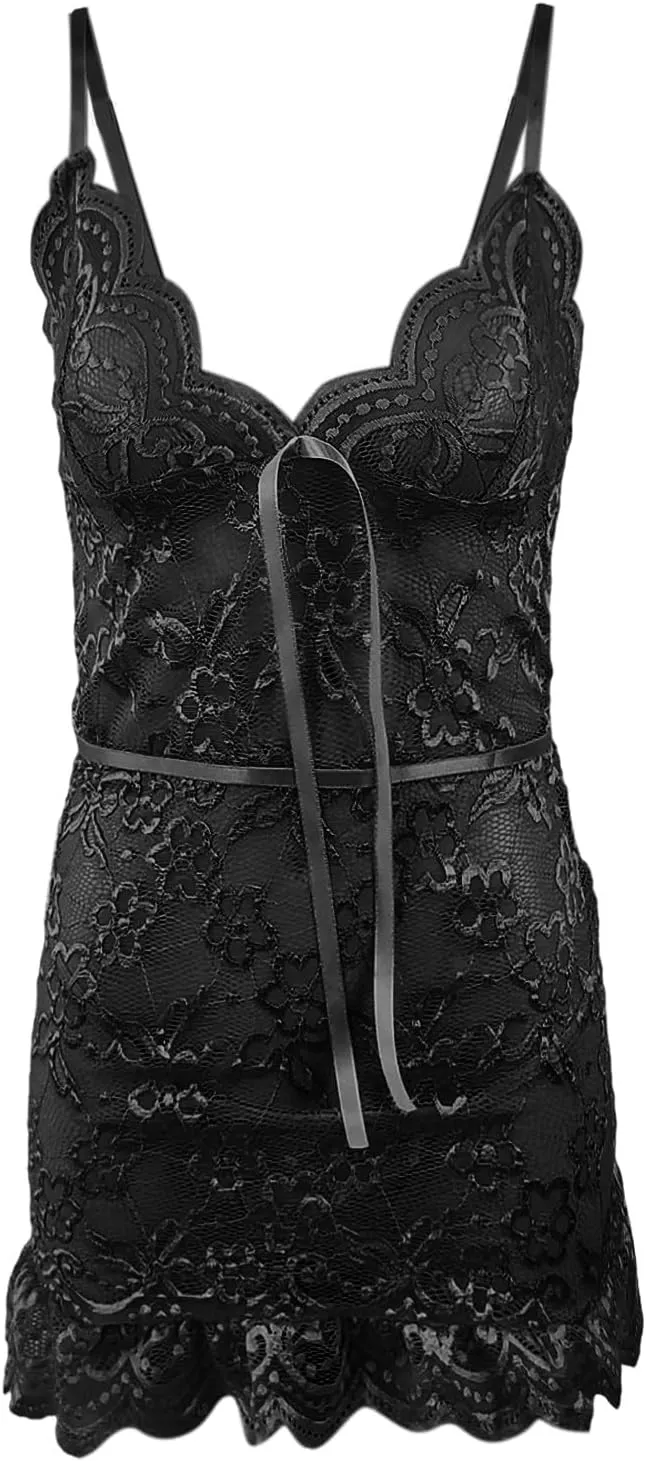 Sexy Ruffle Floral Lace Mesh Sheer Corset Bodycon Babydoll Lingerie Dress Chemise Nightgowns with Thong