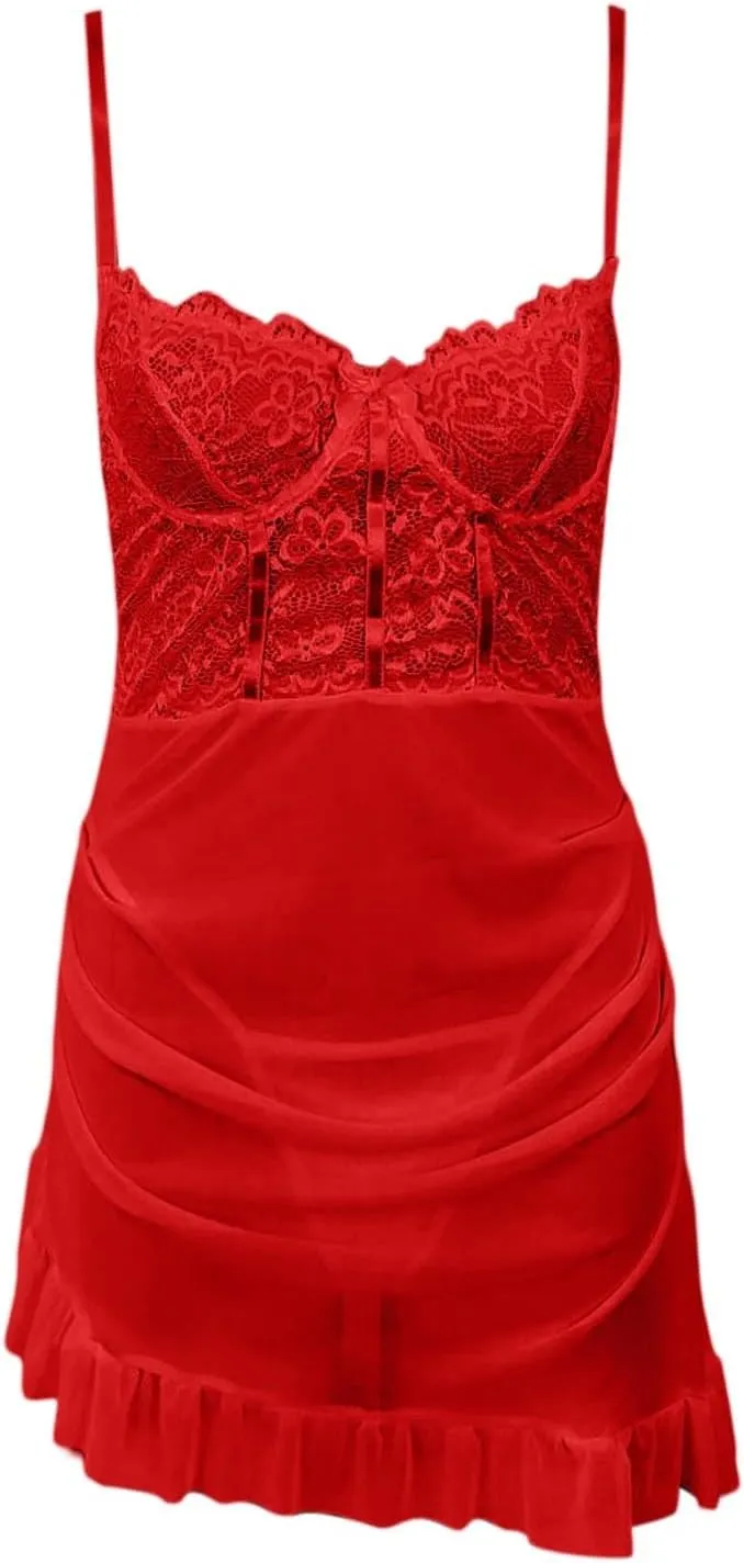 Sexy Ruffle Floral Lace Mesh Sheer Corset Bodycon Babydoll Lingerie Dress Set with Thong Ladies Nightgowns