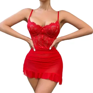 Sexy Ruffle Floral Lace Mesh Sheer Corset Bodycon Babydoll Lingerie Dress Set with Thong Ladies Nightgowns