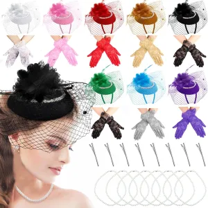Shinymoon 24 Pcs Women Fascinators Hats Tea Party Hats Lace Gloves and Pearl Necklace Set Vintage Veil Cocktail Headpiece for Wedding Church Evening Funeral Accessories