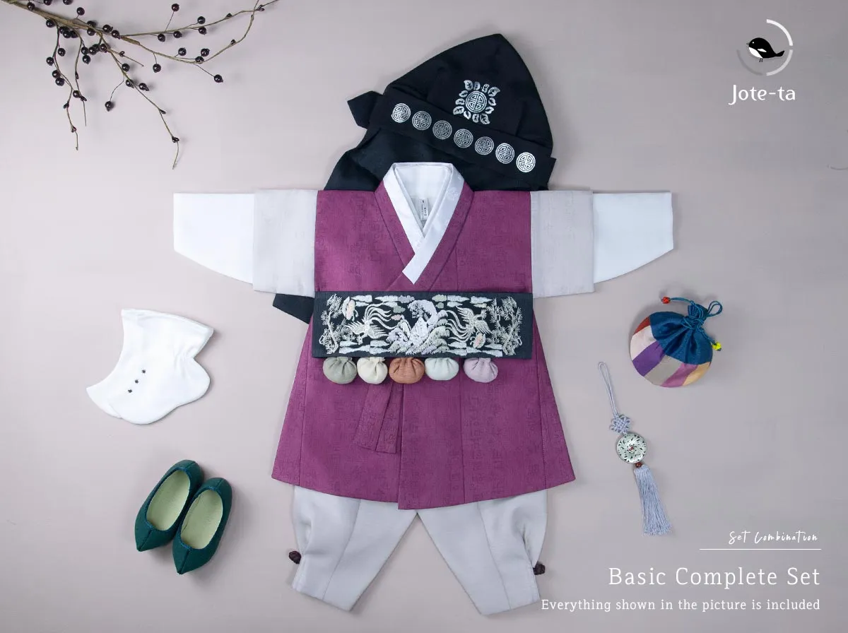 Silky Texture Korean Letter in Wine Baby Boy Hanbok