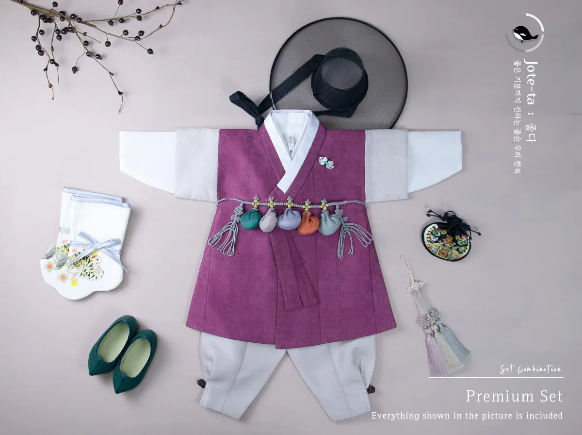 Silky Texture Korean Letter in Wine Baby Boy Hanbok
