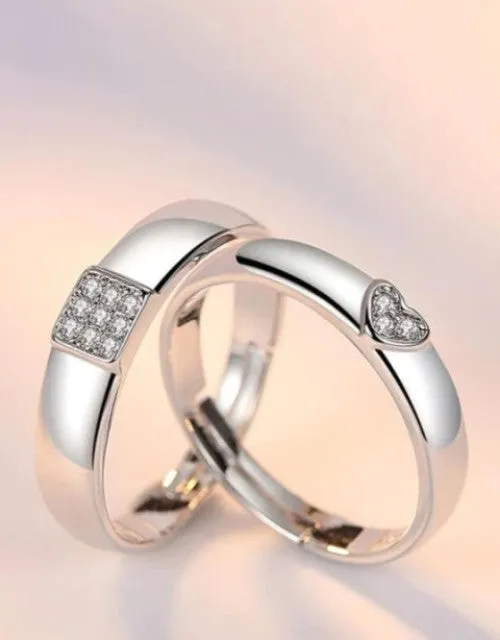 Silver-Plated Cubic Zirconia-Studded Adjustable Couple Rings