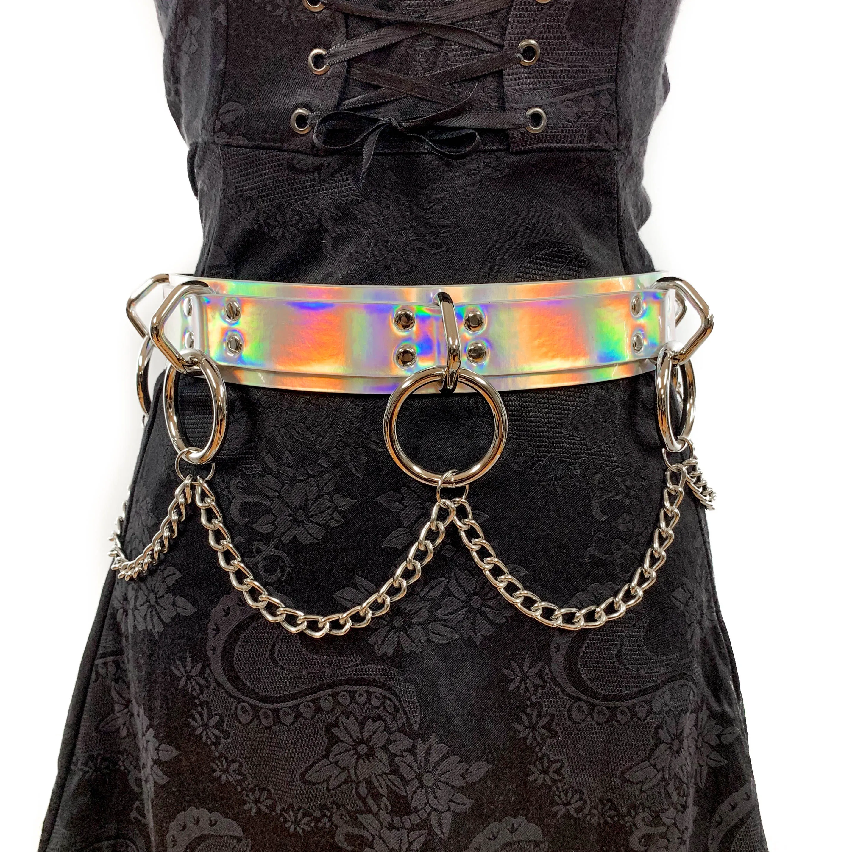Silver Rainbow  Bondage Belt With Chain
1 3/4" Wide 
 