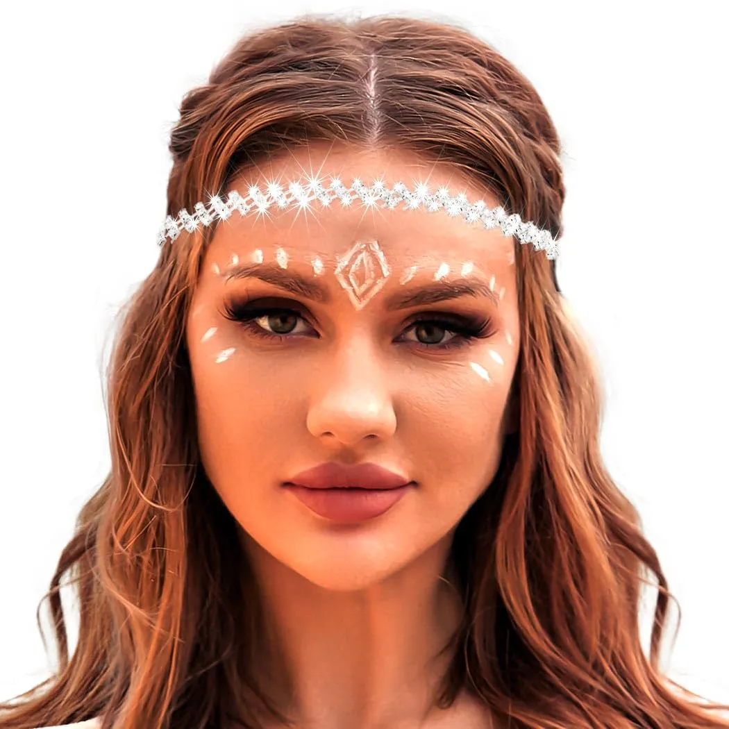Silver Rhinestone Elastic Headband for Women Sparkling Crystal Wedding Head Jewelry Chains for Bride and Bridesmaids