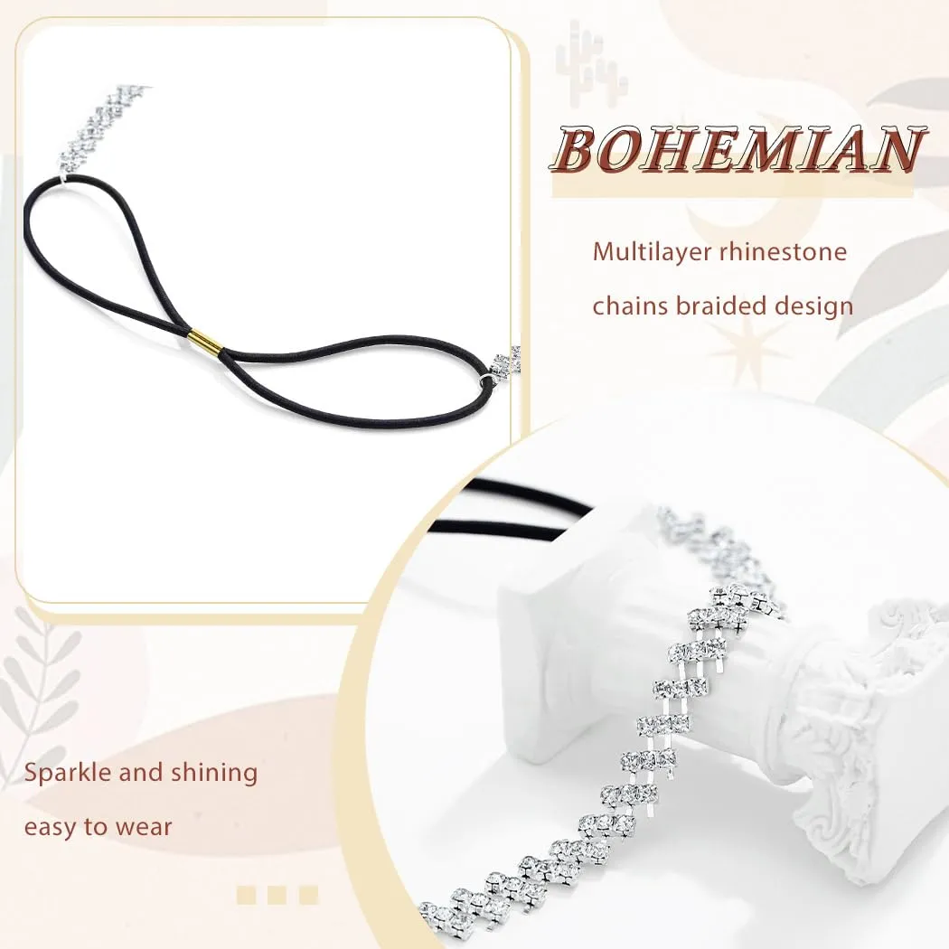 Silver Rhinestone Elastic Headband for Women Sparkling Crystal Wedding Head Jewelry Chains for Bride and Bridesmaids