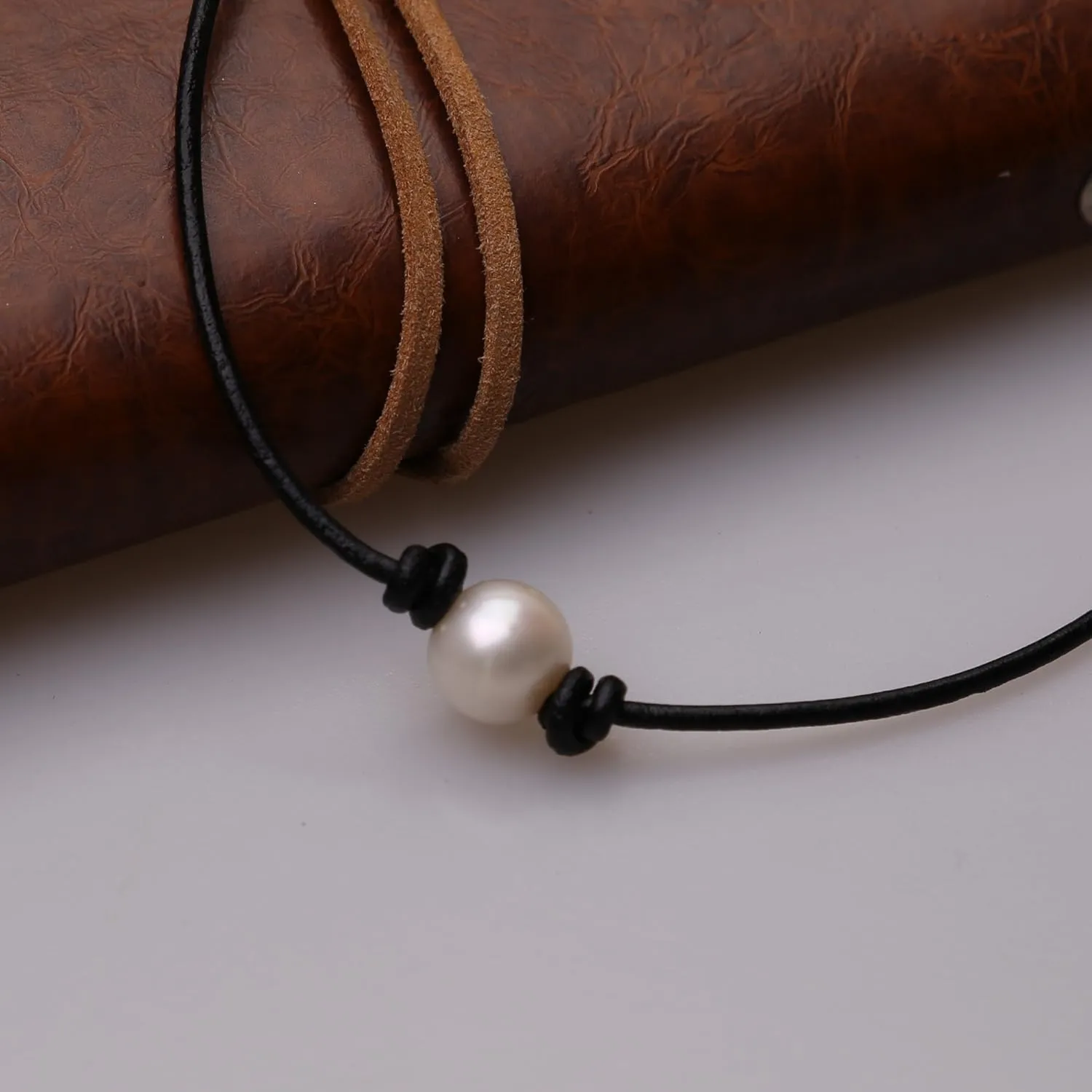 Single Cultured Freshwater Pearl Leather Choker Necklace on Black Leather Cord for Women Handmade
