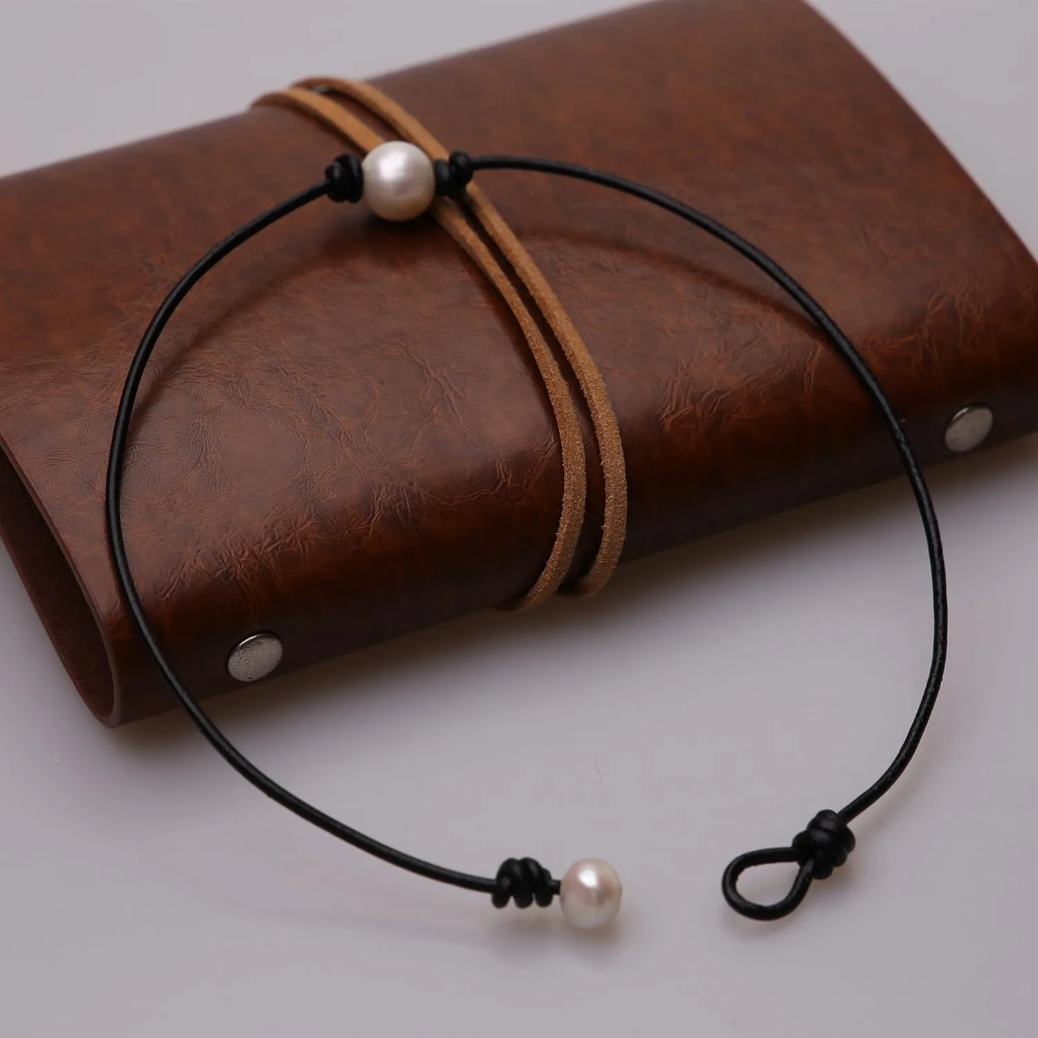 Single Cultured Freshwater Pearl Leather Choker Necklace on Black Leather Cord for Women Handmade