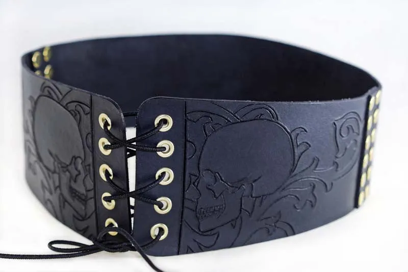 Skull hand carved corset waist cinch or belt