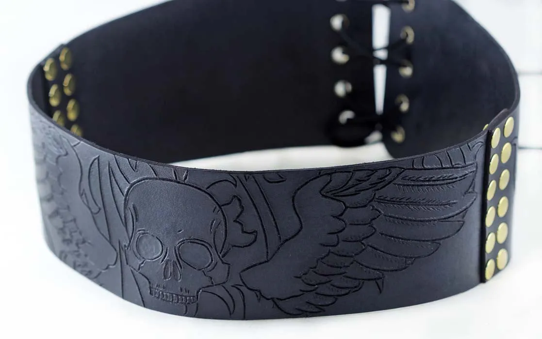 Skull hand carved corset waist cinch or belt