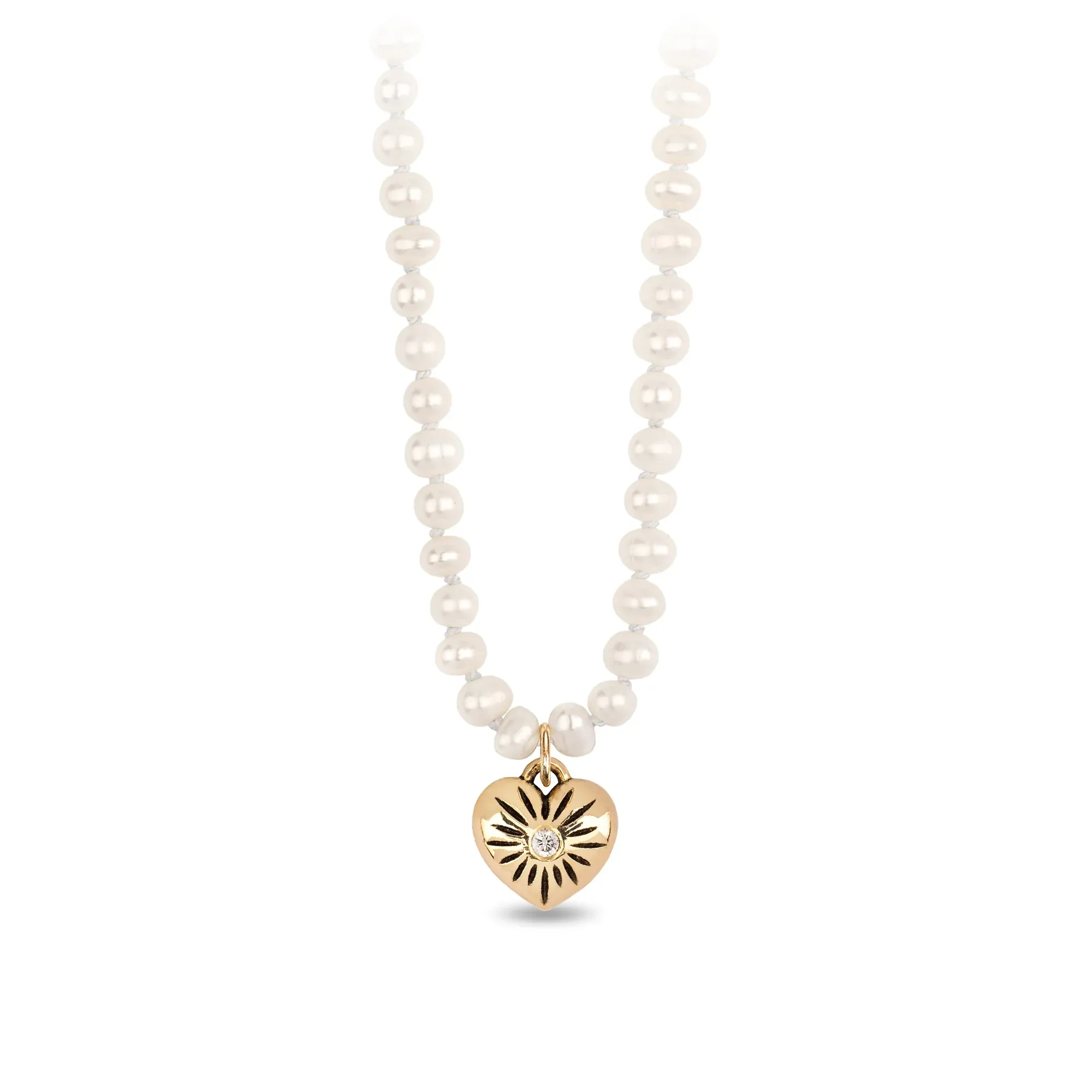 Small 14K Gold Puffed Heart Diamond Set Talisman On Knotted Freshwater Pearl Necklace