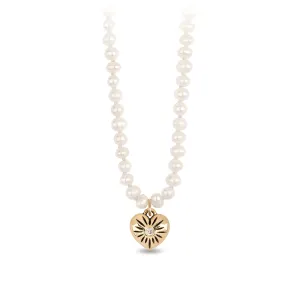 Small 14K Gold Puffed Heart Diamond Set Talisman On Knotted Freshwater Pearl Necklace