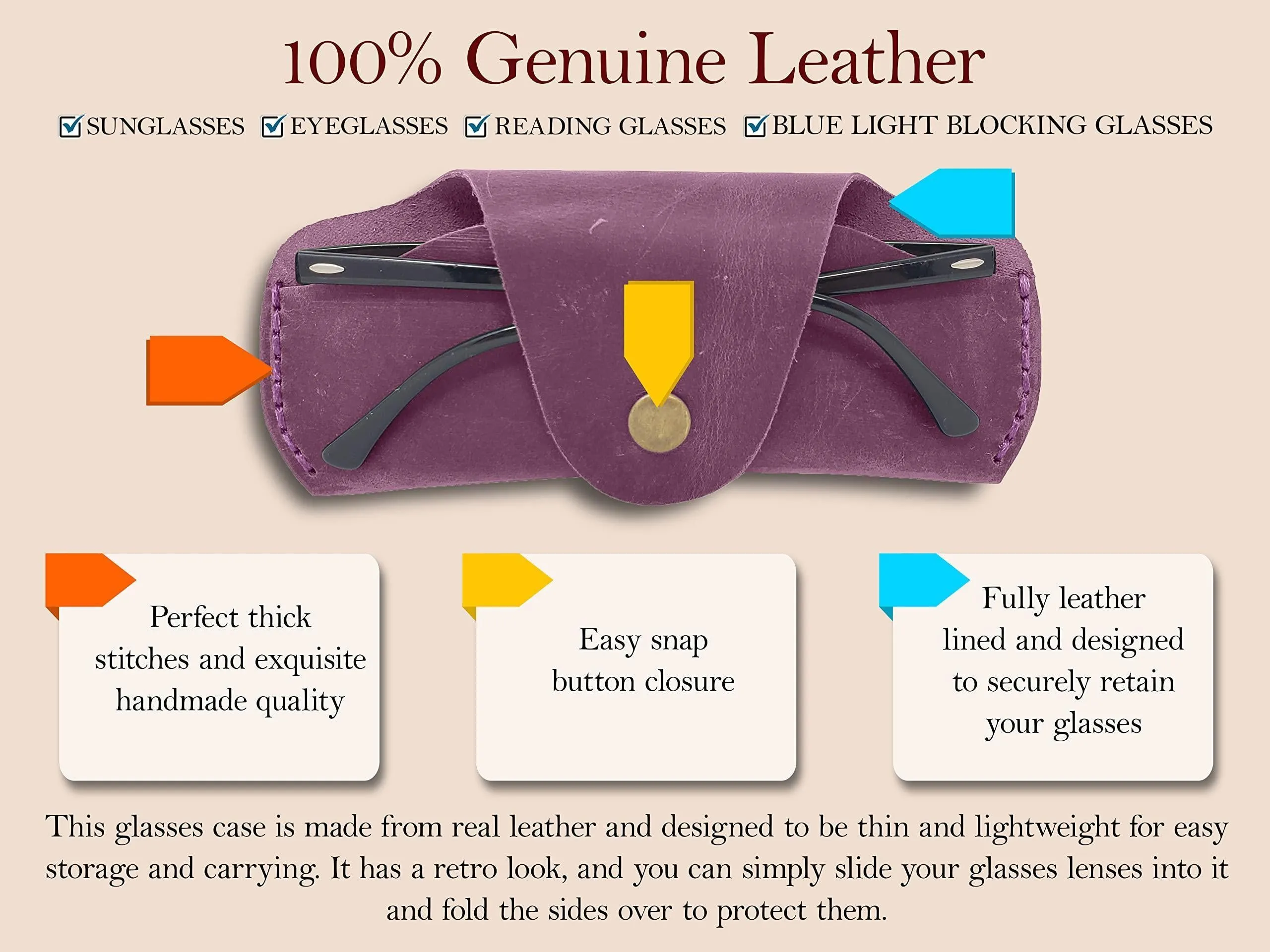 Soft Leather Glasses Case Slim Eyeglass Sleeve Sunglass Pouch Maroon Brown Color