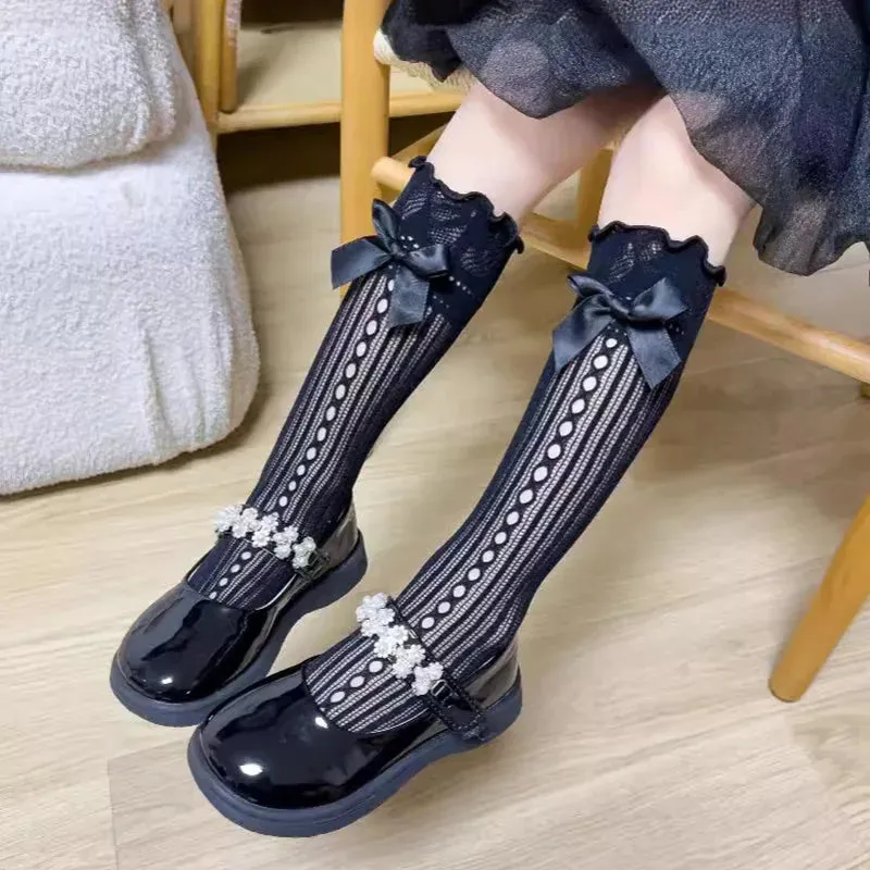 Sohiwoo New Summer Girl Sweet Bow Tie Socks Black Lolita Style Japanese Lace Mesh Fishnet Socks ElasticityThin Children JK Socks