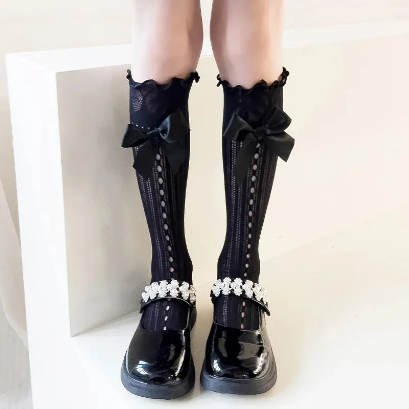 Sohiwoo New Summer Girl Sweet Bow Tie Socks Black Lolita Style Japanese Lace Mesh Fishnet Socks ElasticityThin Children JK Socks