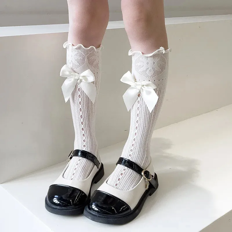 Sohiwoo New Summer Girl Sweet Bow Tie Socks Black Lolita Style Japanese Lace Mesh Fishnet Socks ElasticityThin Children JK Socks