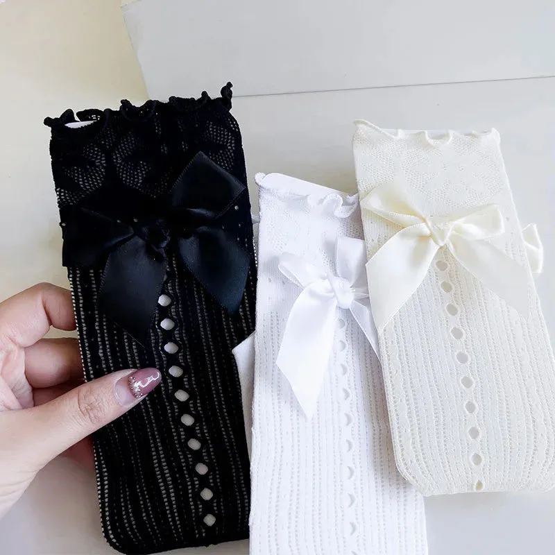 Sohiwoo New Summer Girl Sweet Bow Tie Socks Black Lolita Style Japanese Lace Mesh Fishnet Socks ElasticityThin Children JK Socks