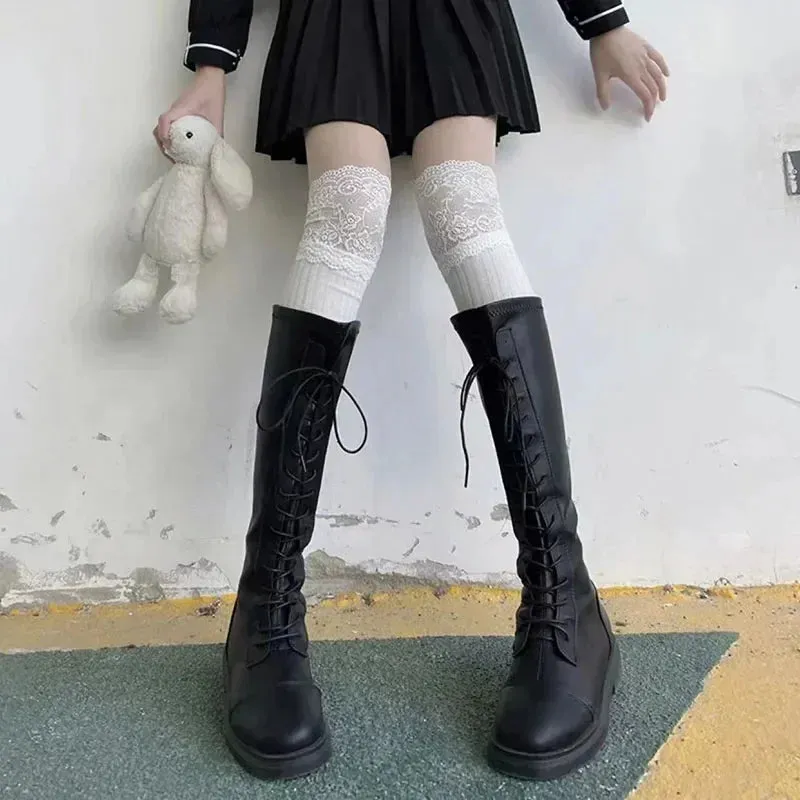 Sohiwoo Socks Women Autumn/Winter Thigh High Lace Cute Lolita Warm Stockings Black White Long Leg Socks for Girl Boot Accessories