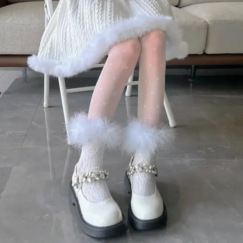 Sohiwoo Summer Lolita Lace Feather Socks Jk Boots Calf Boots Socks Japanese Cotton Punk Party Girl Pile Socks Cosplay Accessories