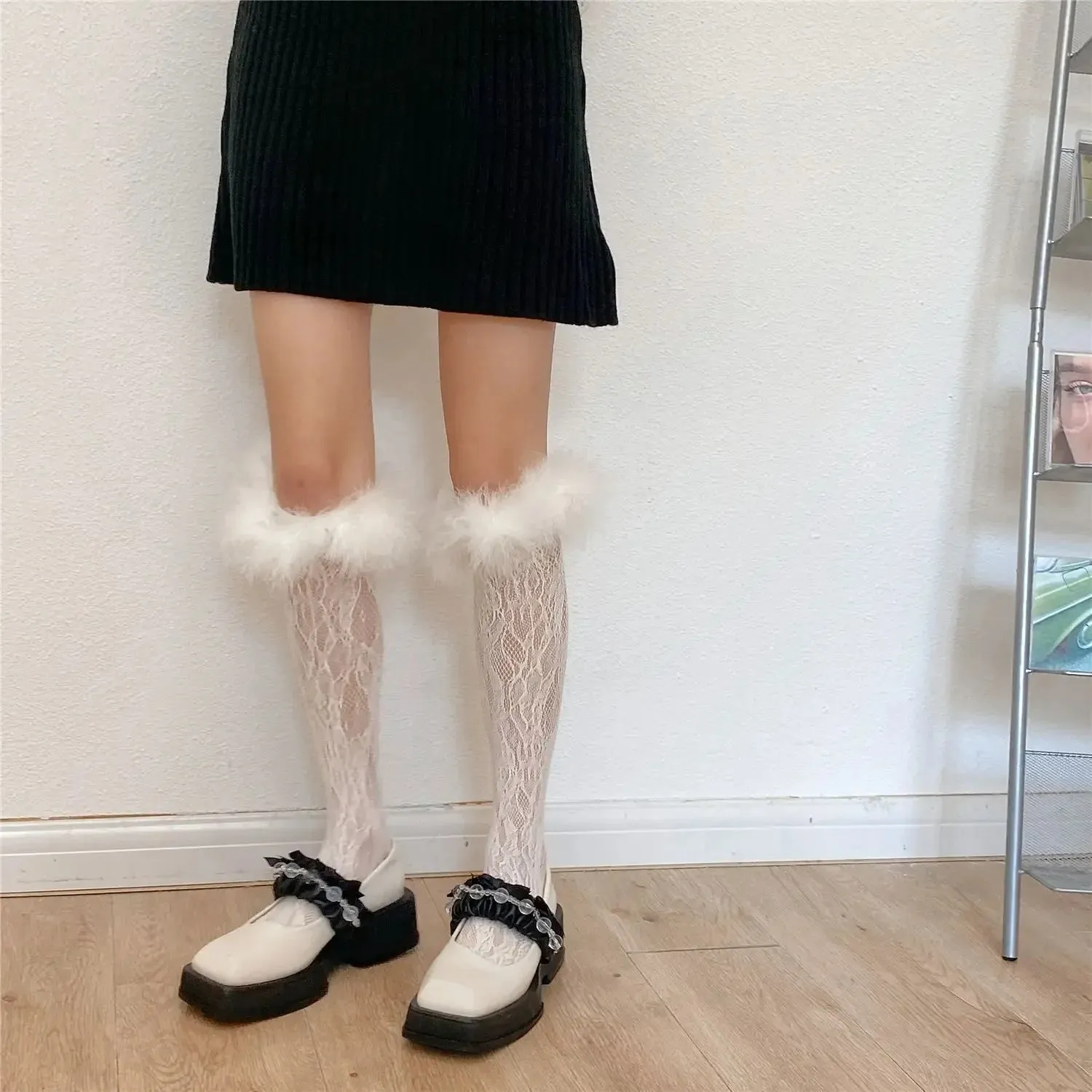 Sohiwoo Summer Lolita Lace Feather Socks Jk Boots Calf Boots Socks Japanese Cotton Punk Party Girl Pile Socks Cosplay Accessories
