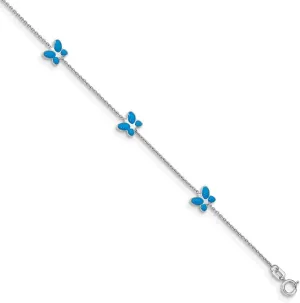 Solid 14k White Gold Blue Enameled Butterfly Anklet 10"
