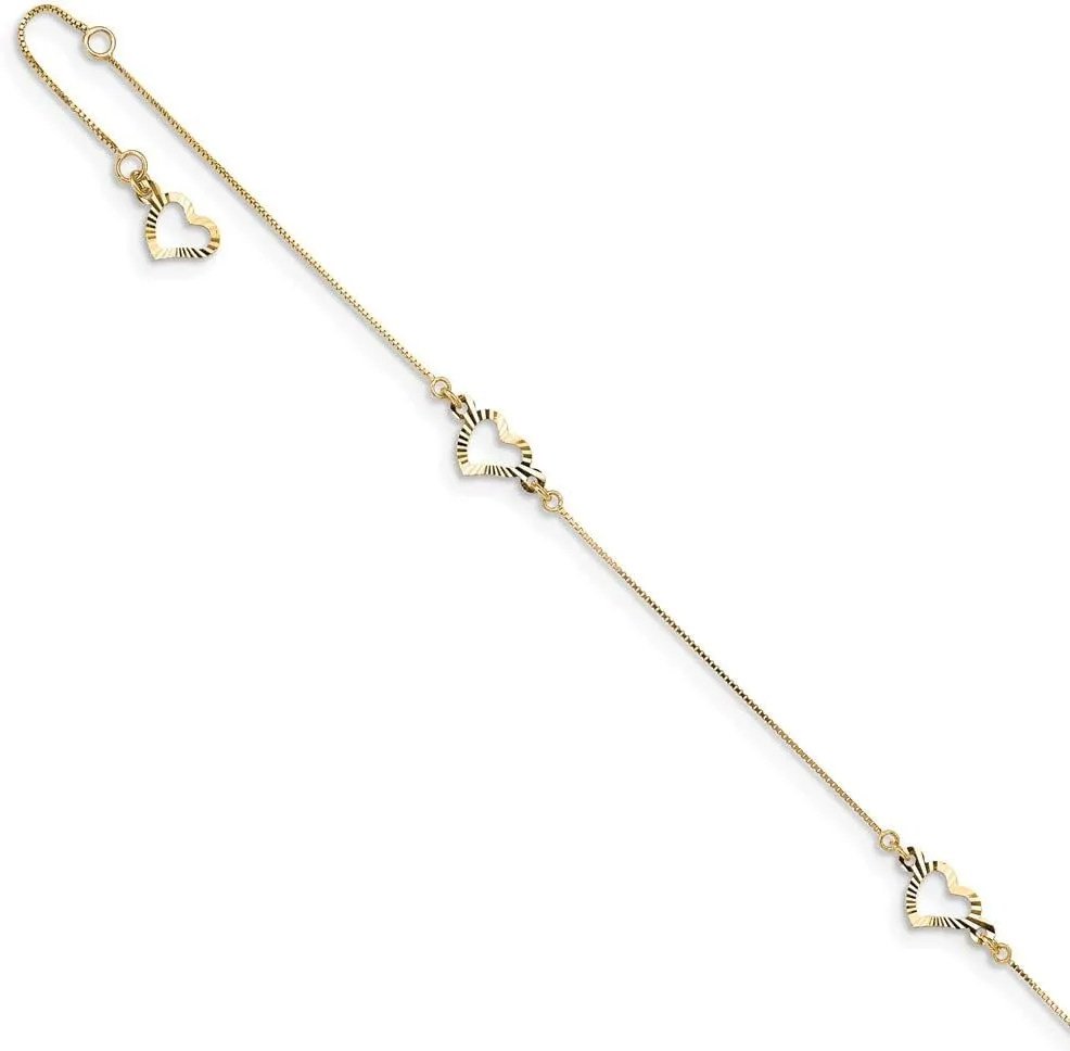 Solid 14k Yellow Gold Adjustable Heart Anklet 9"