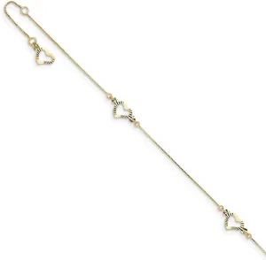 Solid 14k Yellow Gold Adjustable Heart Anklet 9"