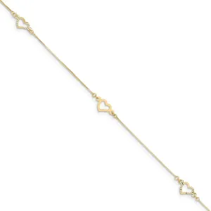 Solid 14k Yellow Gold Adjustable Unique Heart Anklet 9"
