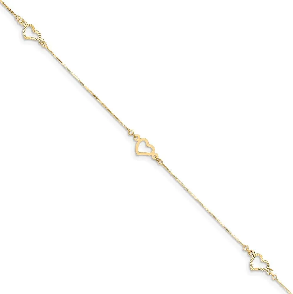 Solid 14k Yellow Gold Adjustable Unique Heart Anklet 9"
