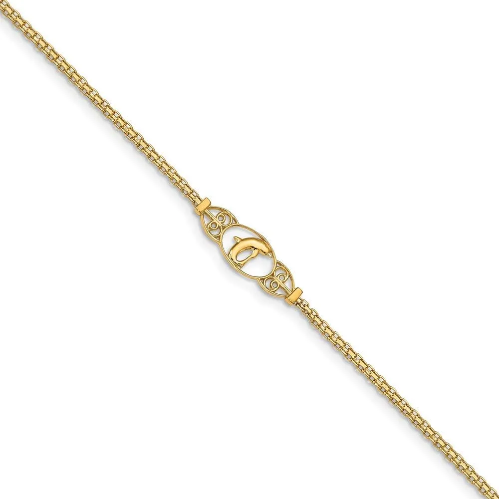 Solid 14k Yellow Gold Dolphin Anklet - with Secure Lobster Lock Clasp 9"