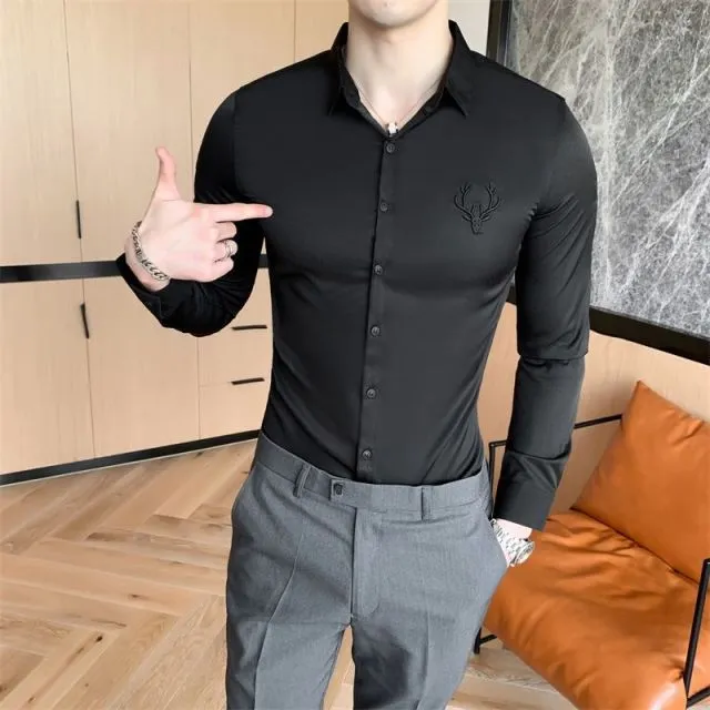 Solid Simple Mens Casual Shirt Slim Fit Business Formal Wear Deer Head Embroidery Shirt Men Brand New 2021 Long Sleeve Men Shirt