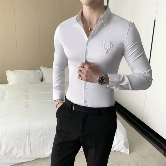 Solid Simple Mens Casual Shirt Slim Fit Business Formal Wear Deer Head Embroidery Shirt Men Brand New 2021 Long Sleeve Men Shirt