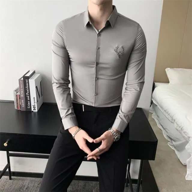 Solid Simple Mens Casual Shirt Slim Fit Business Formal Wear Deer Head Embroidery Shirt Men Brand New 2021 Long Sleeve Men Shirt