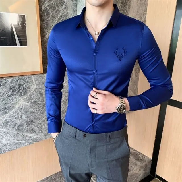 Solid Simple Mens Casual Shirt Slim Fit Business Formal Wear Deer Head Embroidery Shirt Men Brand New 2021 Long Sleeve Men Shirt