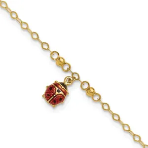 Sonia Jewels Real 14k Yellow Gold Adjustable Enameled Ladybug Anklet - with Secure Lobster Lock Clasp 10"