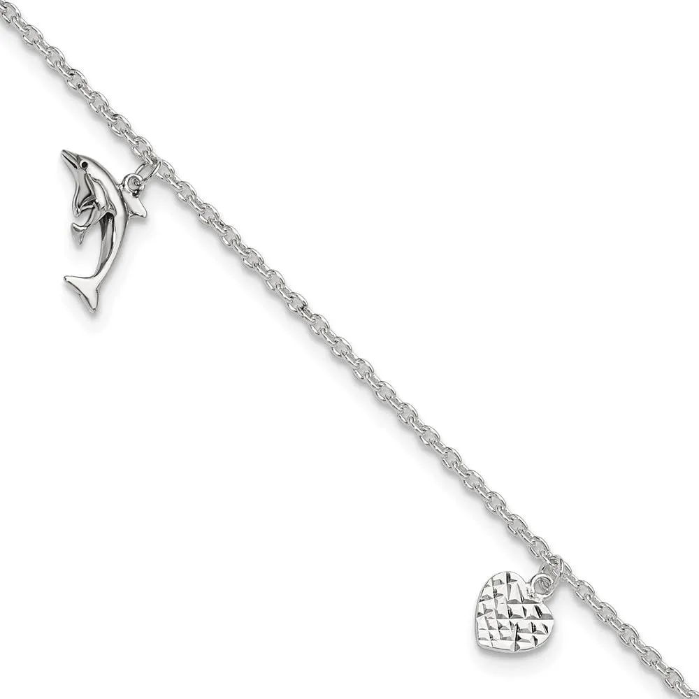 Sonia Jewels Real 925 Sterling Silver Heart, Star and Dolphin Anklet - with Secure Lobster Lock Clasp 9"