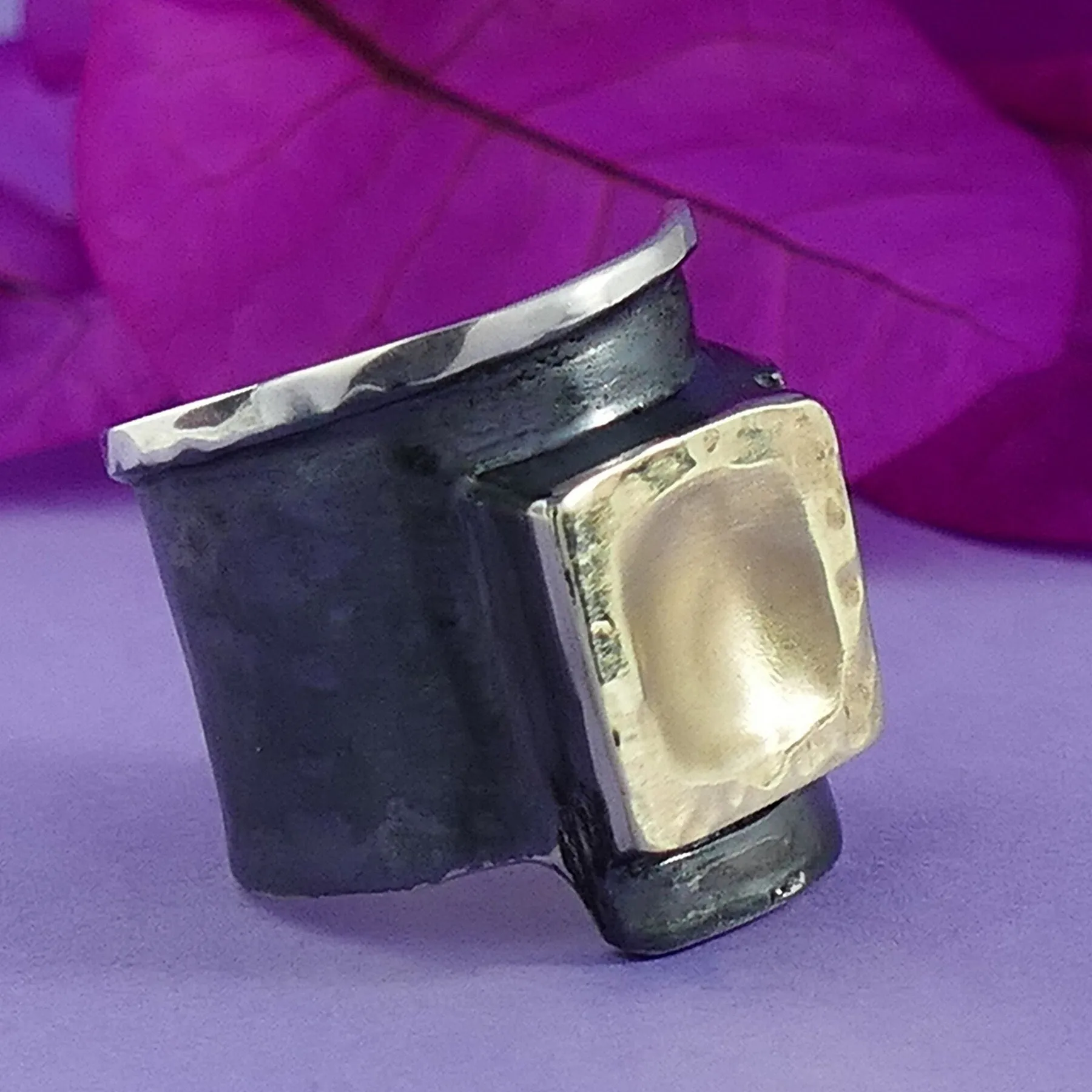 SPIRA Handcrafted Contemporary Design Two Tone Solid 9k Yellow Gold And 925 Sterling Silver Statement Ring, Large ring, Mixed metal ring