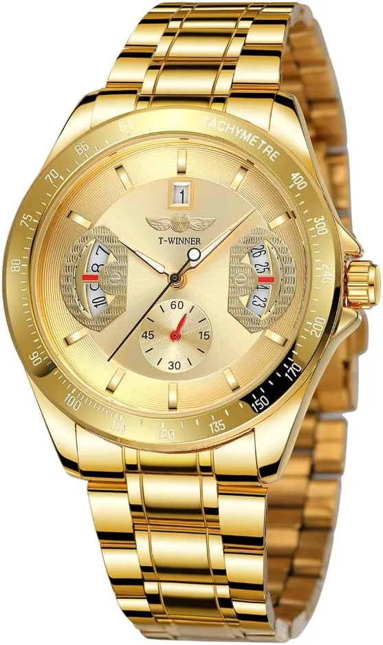 Sports Gold Automatic Mechanical Watches for Men Multifunction Dial Date Display Luminous Hands Luxury Stainless Steel Business Wristwatch