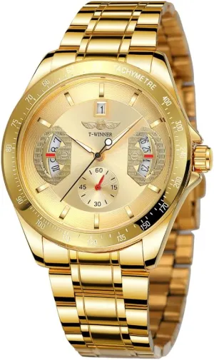 Sports Gold Automatic Mechanical Watches for Men Multifunction Dial Date Display Luminous Hands Luxury Stainless Steel Business Wristwatch