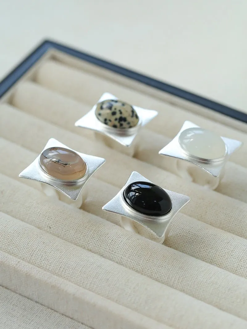 Square-Set Oval Gemstone Statement Open Ring