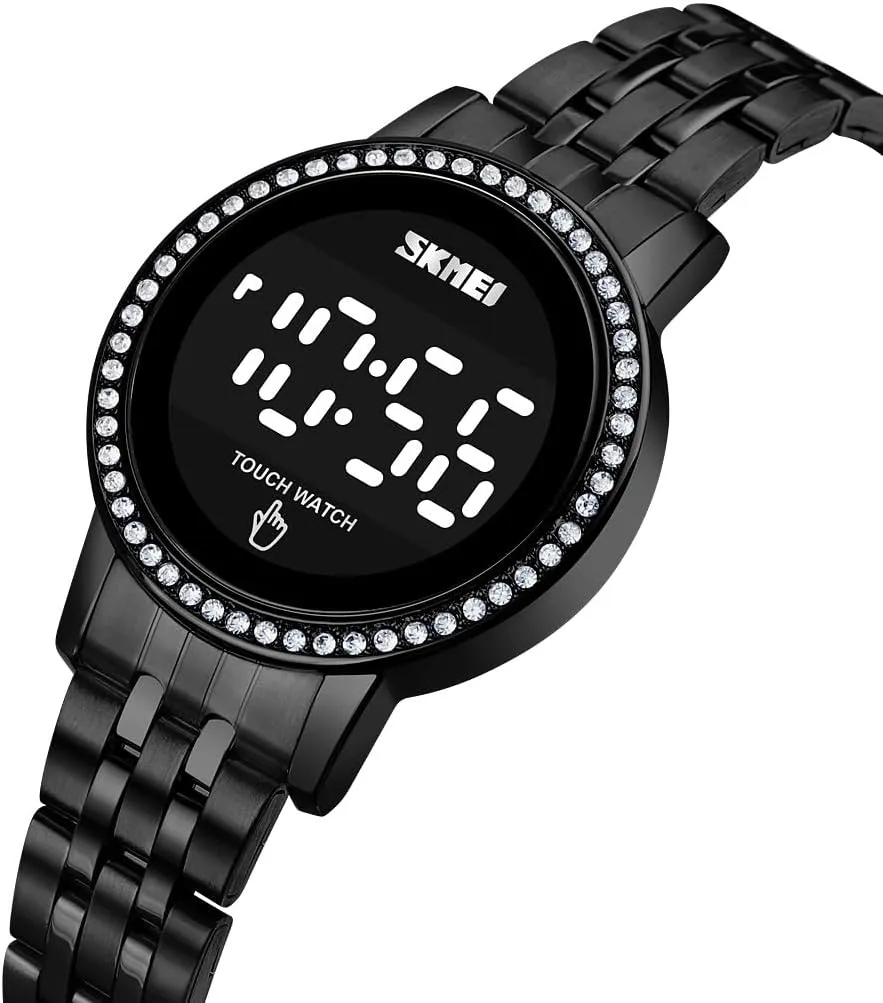 Stainless Steel Digital Watches for Women, LED Touch Screen Bracelet Watches Waterproof Elegant Crystal Wrist Watch Clock for Ladies
