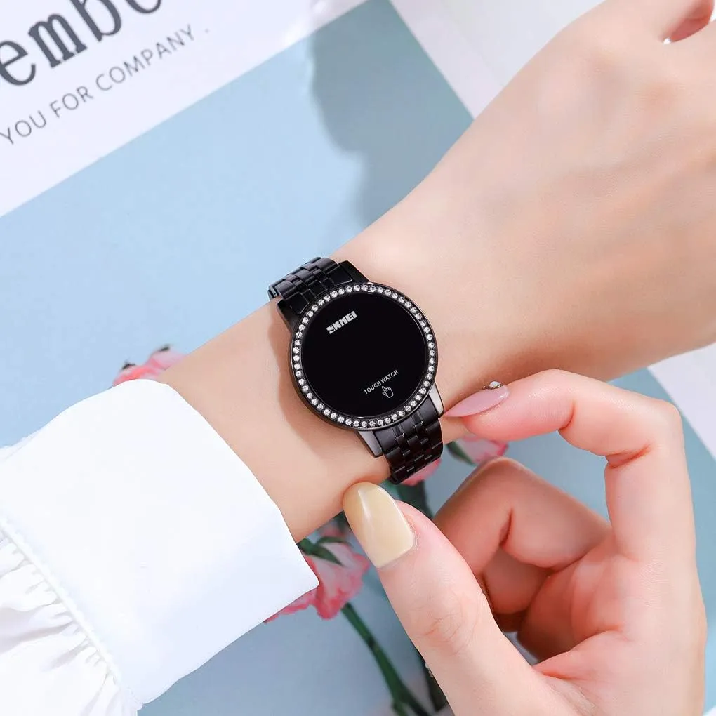 Stainless Steel Digital Watches for Women, LED Touch Screen Bracelet Watches Waterproof Elegant Crystal Wrist Watch Clock for Ladies