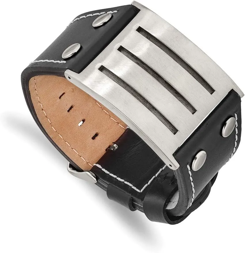 Stainless Steel Genuine Leather Adjustable Buckle Bracelet 8.75"
