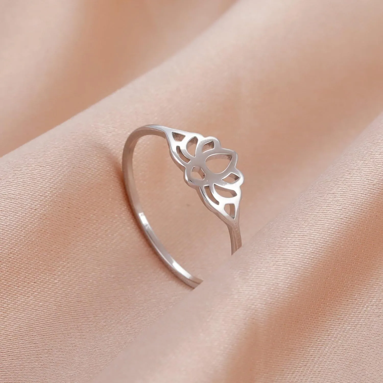 Stainless Steel Minimalist Ring Lotus Jewelry Size 7-11 Hollow Out Accessories Gold, Silver Delicate Everyday Stackable Rings for Women