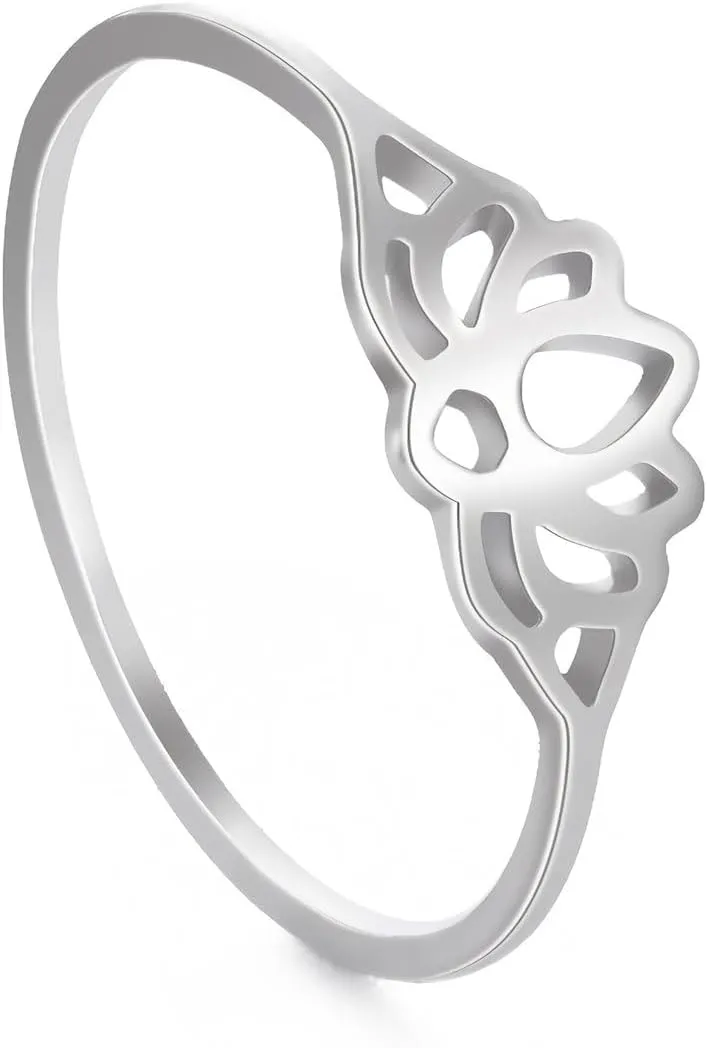 Stainless Steel Minimalist Ring Lotus Jewelry Size 7-11 Hollow Out Accessories Gold, Silver Delicate Everyday Stackable Rings for Women