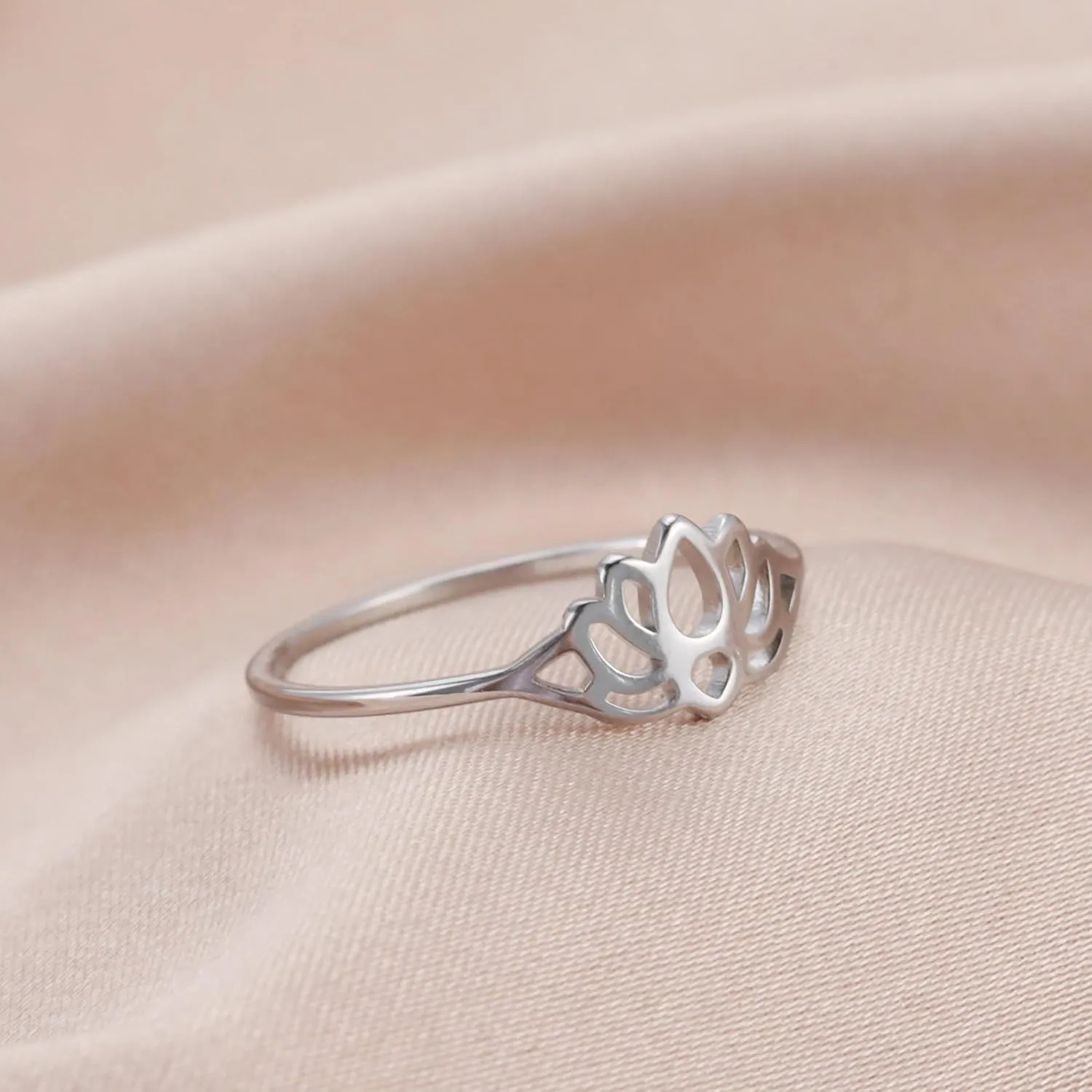 Stainless Steel Minimalist Ring Lotus Jewelry Size 7-11 Hollow Out Accessories Gold, Silver Delicate Everyday Stackable Rings for Women
