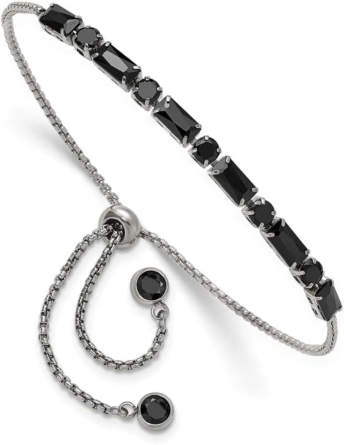 Stainless Steel Polished Black Cubic Zirconia Adjustable Bracelet