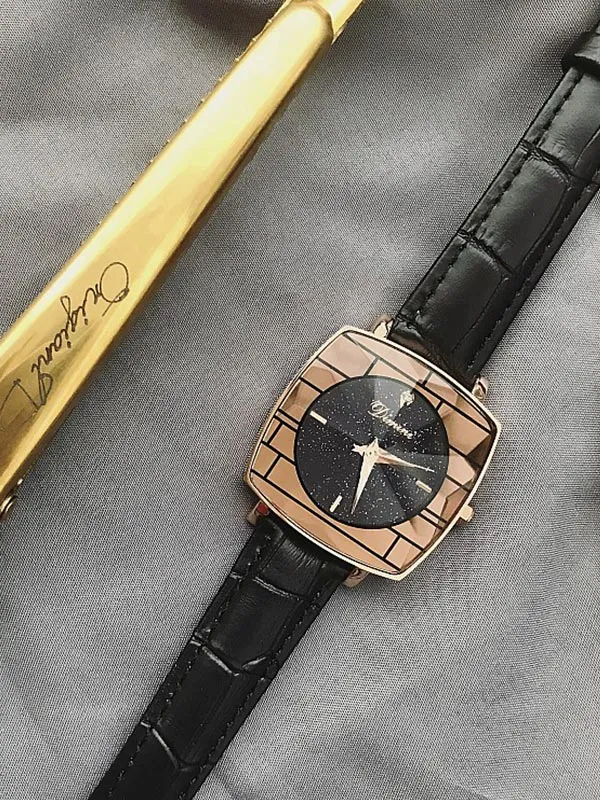 Starry Square Leather Strap Women's Watch