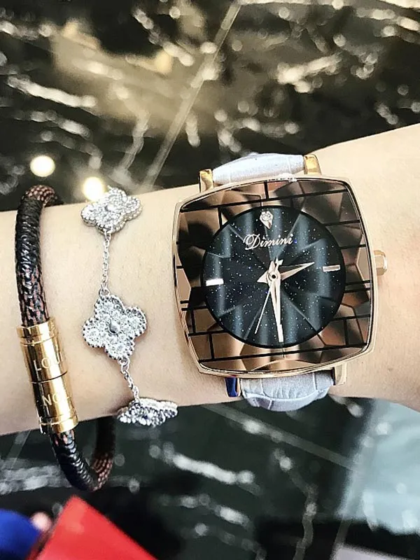 Starry Square Leather Strap Women's Watch