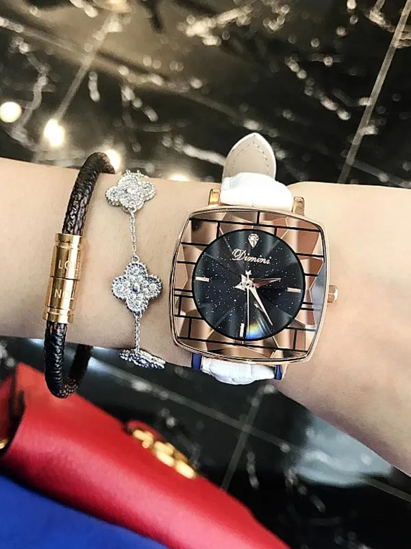 Starry Square Leather Strap Women's Watch